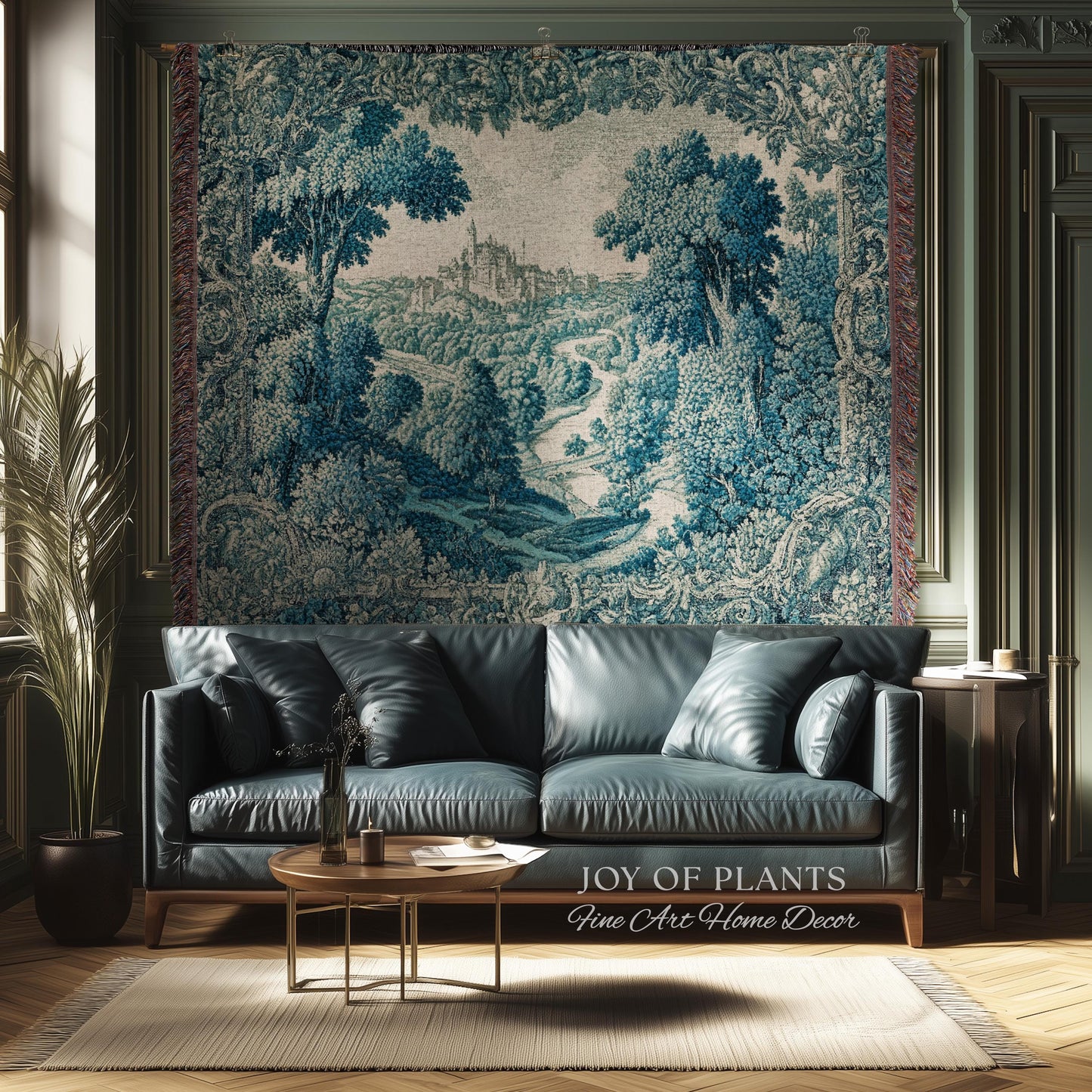 Faded Turquoise Landscape Tapestry | French Country Romantic Hilltop Castle Aubusson Countryside Estate Grandmillenial Chateau Traditional