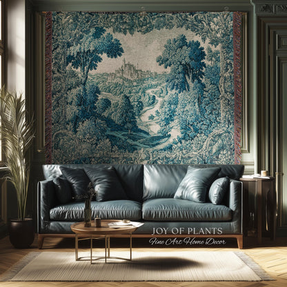 Faded Turquoise Landscape Tapestry | French Country Romantic Hilltop Castle Aubusson Countryside Estate Grandmillenial Chateau Traditional