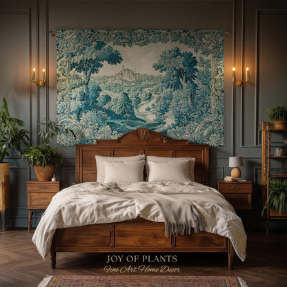 Faded Turquoise Landscape Tapestry | French Country Romantic Hilltop Castle Aubusson Countryside Estate Grandmillenial Chateau Traditional