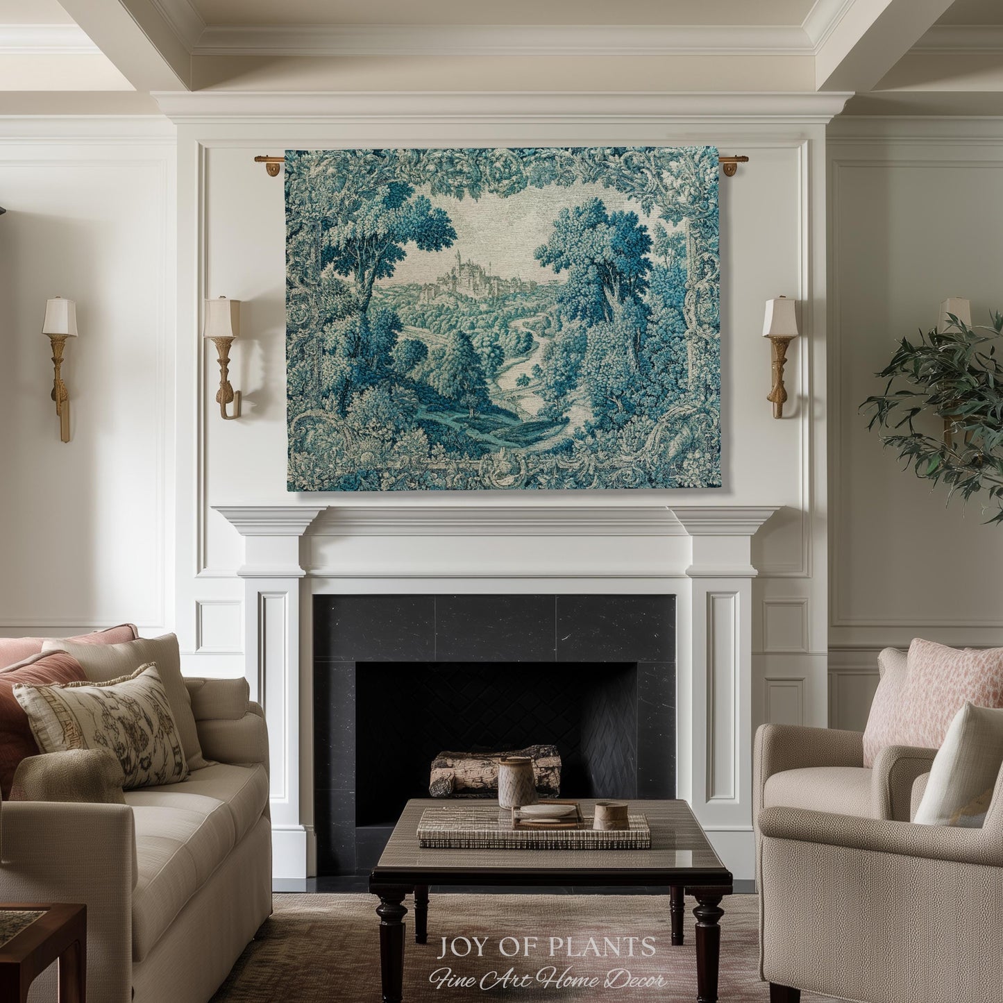 Faded Turquoise Landscape Tapestry | French Country Romantic Hilltop Castle Aubusson Countryside Estate Grandmillenial Chateau Traditional