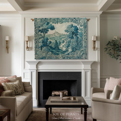 Faded Turquoise Landscape Tapestry | French Country Romantic Hilltop Castle Aubusson Countryside Estate Grandmillenial Chateau Traditional
