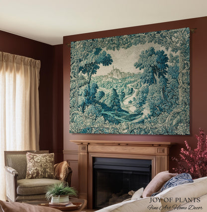 Faded Turquoise Landscape Tapestry | French Country Romantic Hilltop Castle Aubusson Countryside Estate Grandmillenial Chateau Traditional
