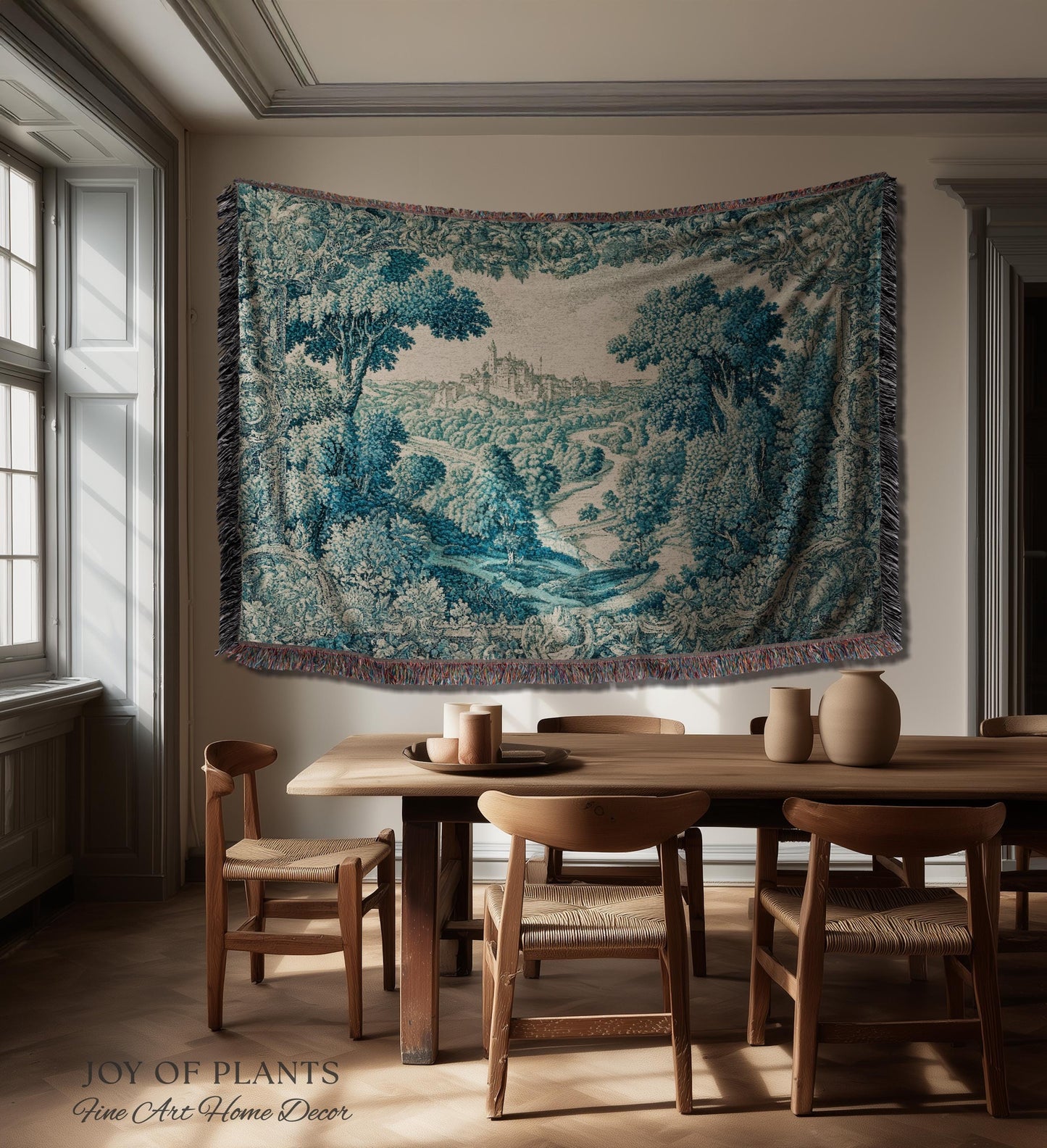 Faded Turquoise Landscape Tapestry | French Country Romantic Hilltop Castle Aubusson Countryside Estate Grandmillenial Chateau Traditional