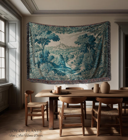 Faded Turquoise Landscape Tapestry | French Country Romantic Hilltop Castle Aubusson Countryside Estate Grandmillenial Chateau Traditional
