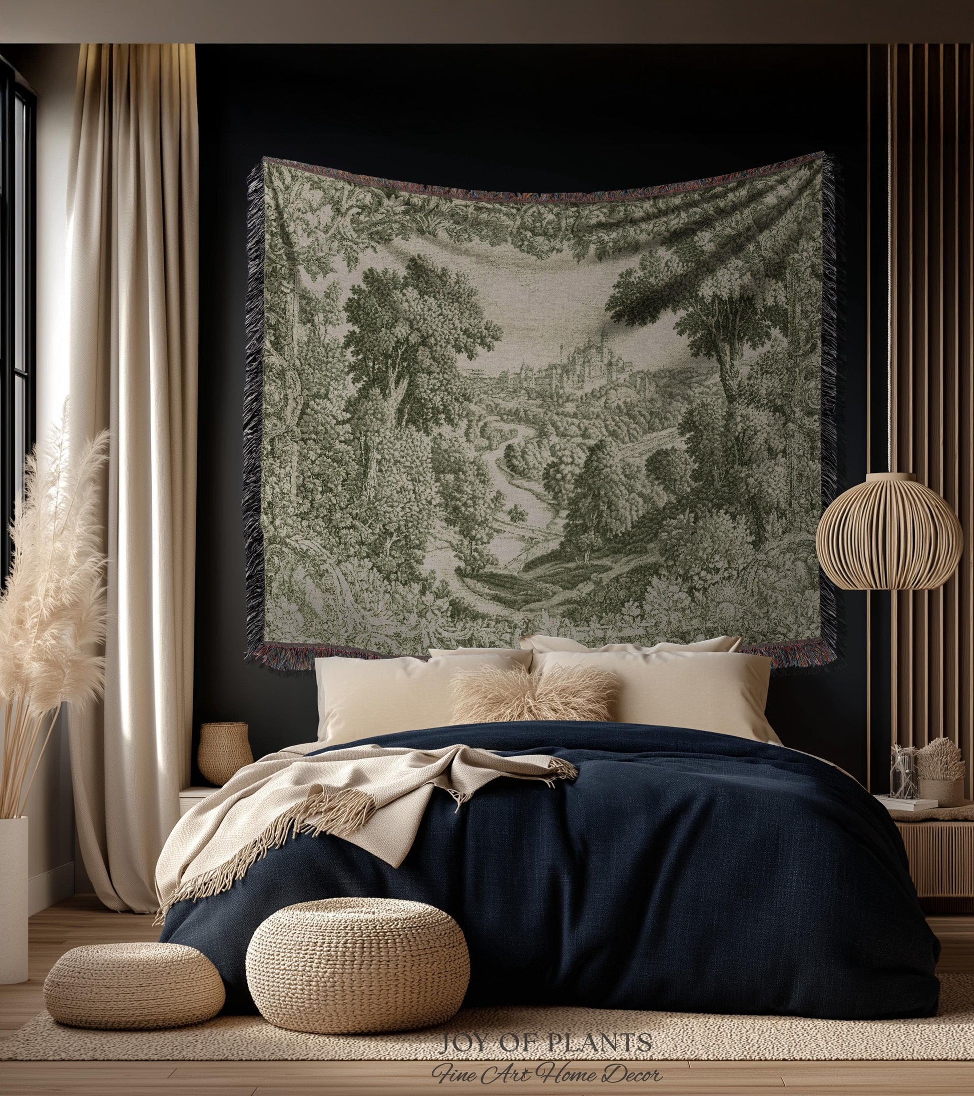 Storybook Chateau Sage Green Wall Art | Vintage Castle Verdure Historic Textile Romantic Medieval Revival French Country Throw Blanket