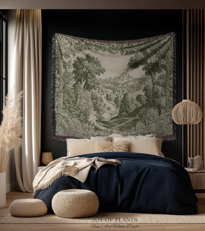 Storybook Chateau Sage Green Wall Art | Vintage Castle Verdure Historic Textile Romantic Medieval Revival French Country Throw Blanket