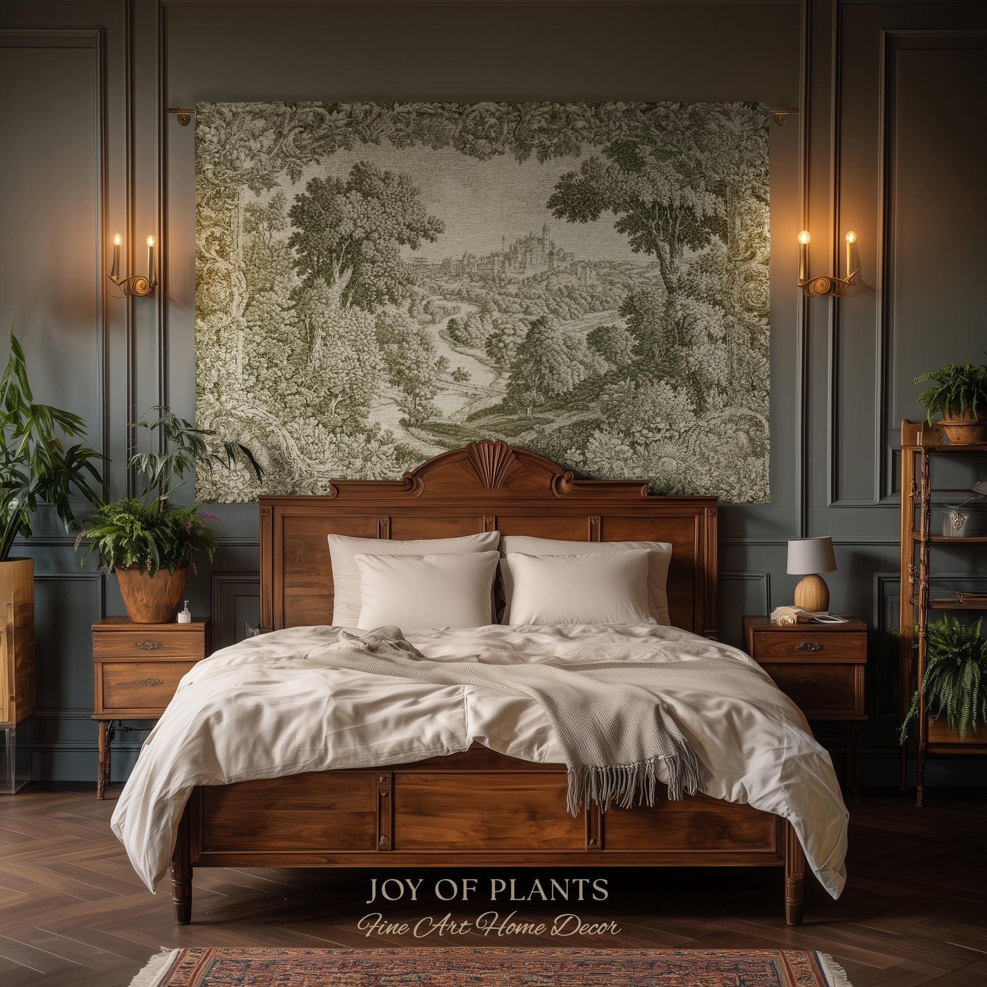 Storybook Chateau Sage Green Wall Art | Vintage Castle Verdure Historic Textile Romantic Medieval Revival French Country Throw Blanket