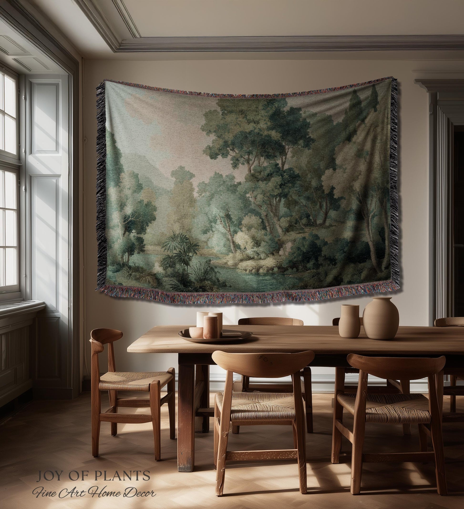 Timeless European Tree Tapestry | Classical Naturalism Muted Botanical Jacquard Greenery Tranquil Lake Scene Woven Throw Blanket Museumcore