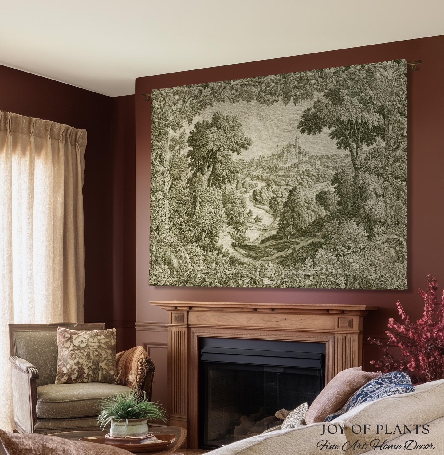 Storybook Chateau Sage Green Wall Art | Vintage Castle Verdure Historic Textile Romantic Medieval Revival French Country Throw Blanket