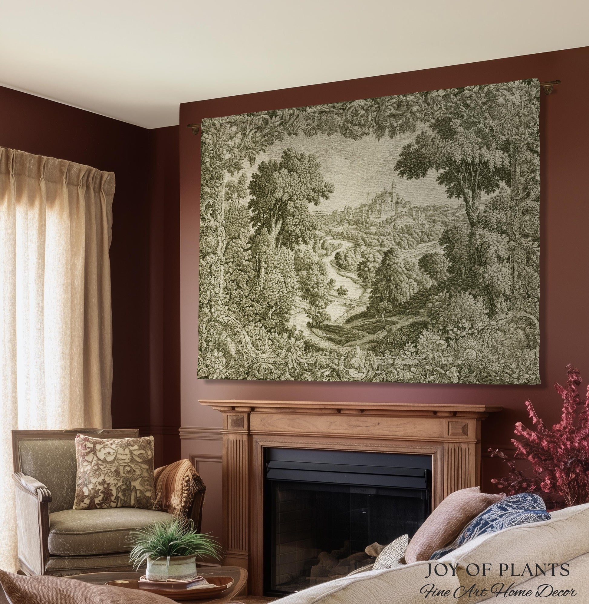 Storybook Chateau Sage Green Wall Art | Vintage Castle Verdure Historic Textile Romantic Medieval Revival French Country Throw Blanket