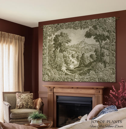 Storybook Chateau Sage Green Wall Art | Vintage Castle Verdure Historic Textile Romantic Medieval Revival French Country Throw Blanket