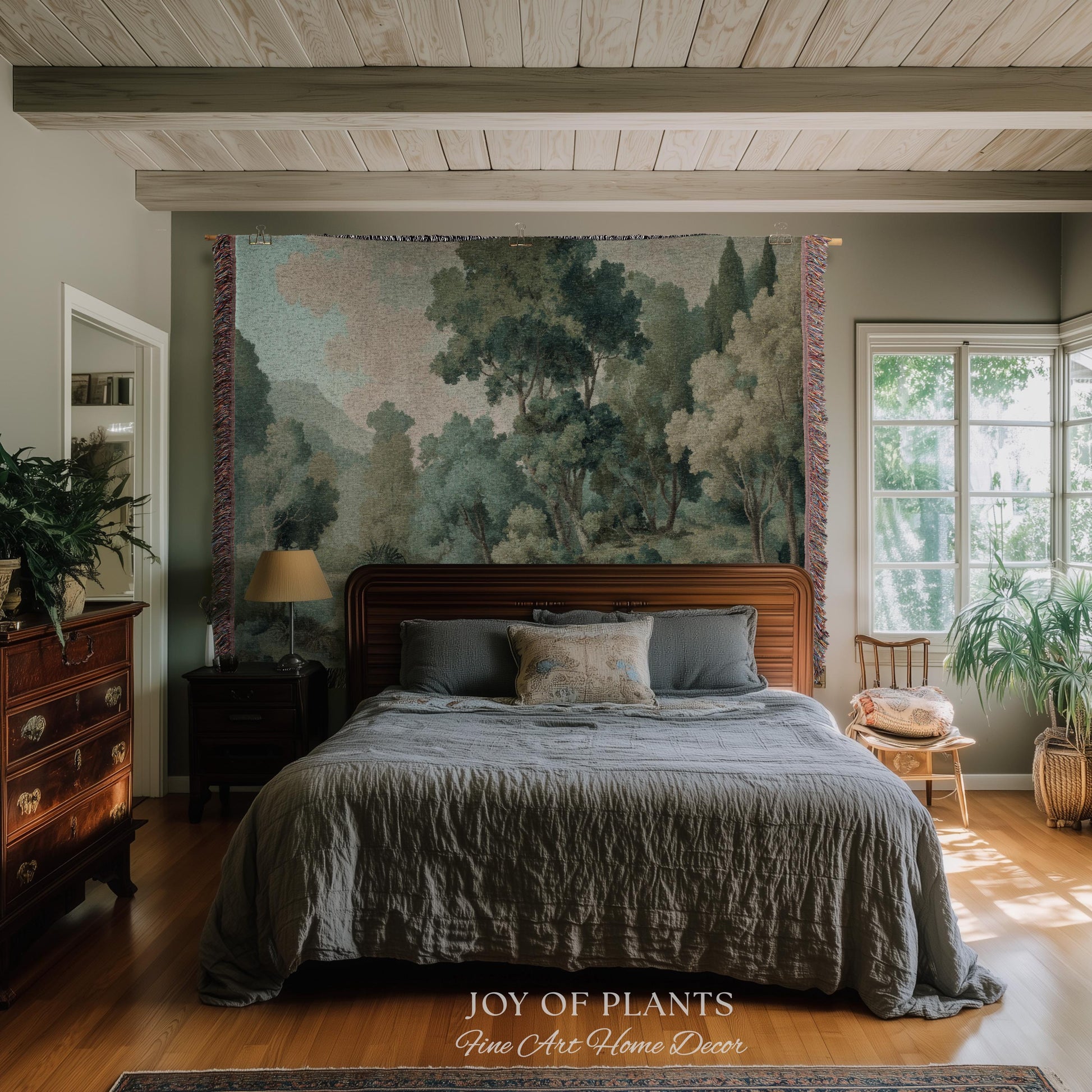 Timeless European Tree Tapestry | Classical Naturalism Muted Botanical Jacquard Greenery Tranquil Lake Scene Woven Throw Blanket Museumcore