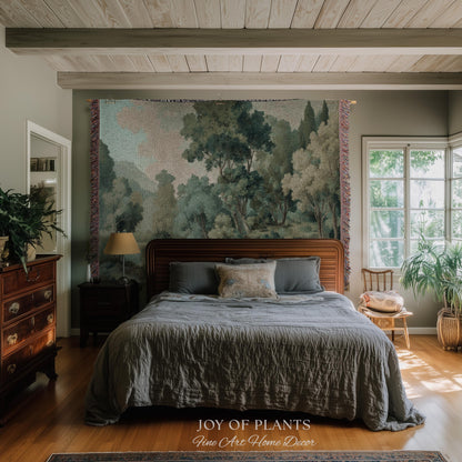 Timeless European Tree Tapestry | Classical Naturalism Muted Botanical Jacquard Greenery Tranquil Lake Scene Woven Throw Blanket Museumcore
