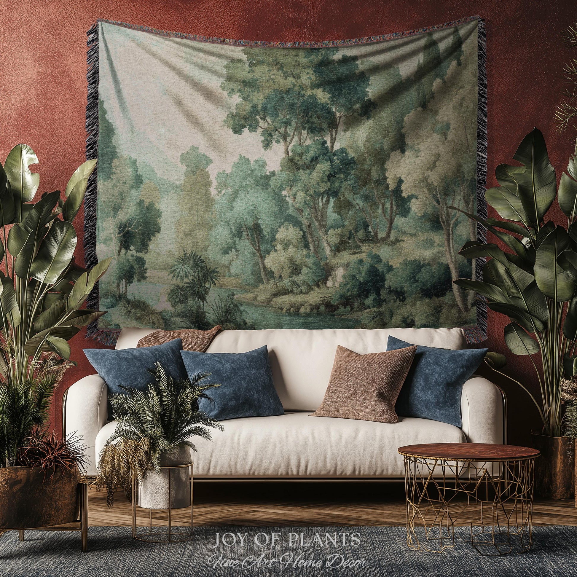 Timeless European Tree Tapestry | Classical Naturalism Muted Botanical Jacquard Greenery Tranquil Lake Scene Woven Throw Blanket Museumcore