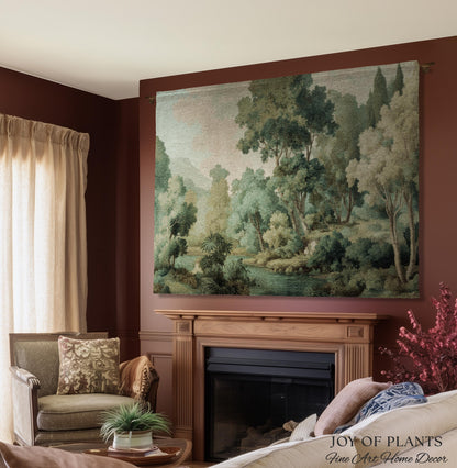 Timeless European Tree Tapestry | Classical Naturalism Muted Botanical Jacquard Greenery Tranquil Lake Scene Woven Throw Blanket Museumcore