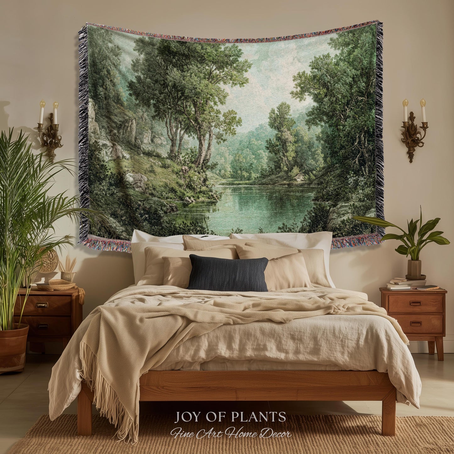 Tranquil Wilderness Verdant River Tapestry | Old World Countryside Throw Blanket Timeless Wall Art Woven Verdure Forest Woodland Landscape