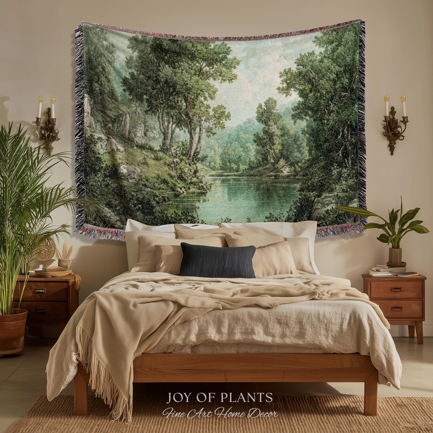Tranquil Wilderness Verdant River Tapestry | Old World Countryside Throw Blanket Timeless Wall Art Woven Verdure Forest Woodland Landscape