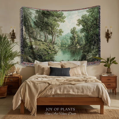 Tranquil Wilderness Verdant River Tapestry | Old World Countryside Throw Blanket Timeless Wall Art Woven Verdure Forest Woodland Landscape