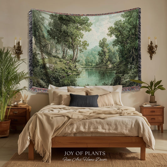 Tranquil Wilderness Verdant River Tapestry | Old World Countryside Throw Blanket Timeless Wall Art Woven Verdure Forest Woodland Landscape