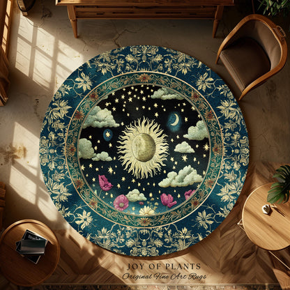 Floral Gothic Celestial Area Rug | Witchy Sun Moon Stars Spiritual Tarot Decor Bohemian Indie Bedroom Accent Cozy Cottagecore Aesthetic |