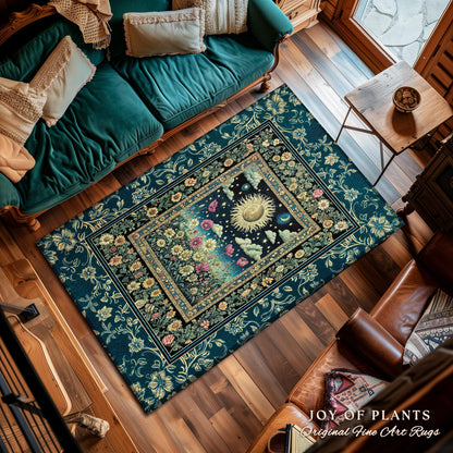 Floral Gothic Celestial Area Rug | Witchy Sun Moon Stars Spiritual Tarot Decor Bohemian Indie Bedroom Accent Cozy Cottagecore Aesthetic |