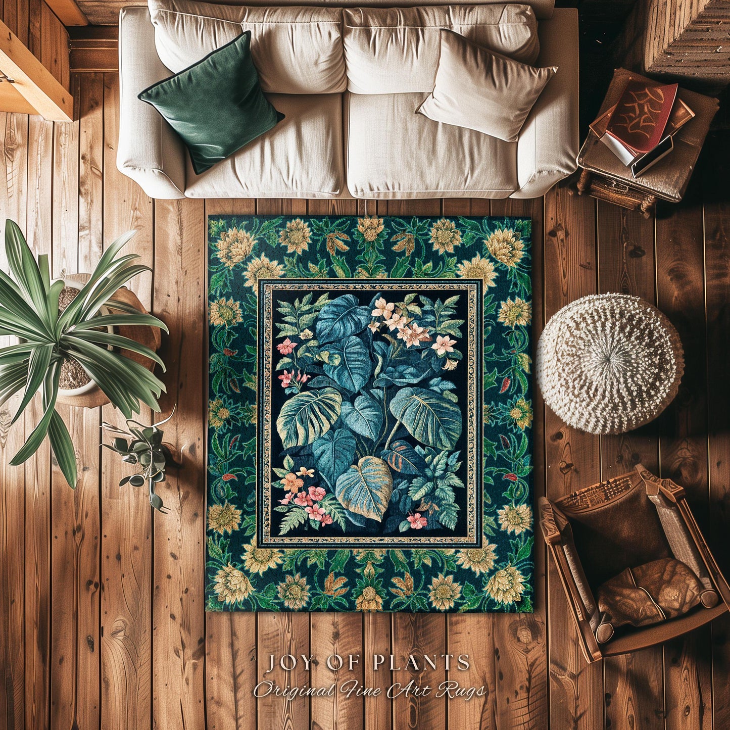 Mystic Foliage Maximalist Statement Rug | Whimsical Greenery Retro 90s Tropical Bedroom Area Rug Jungle Monstera Botanical Accent Rug Boho