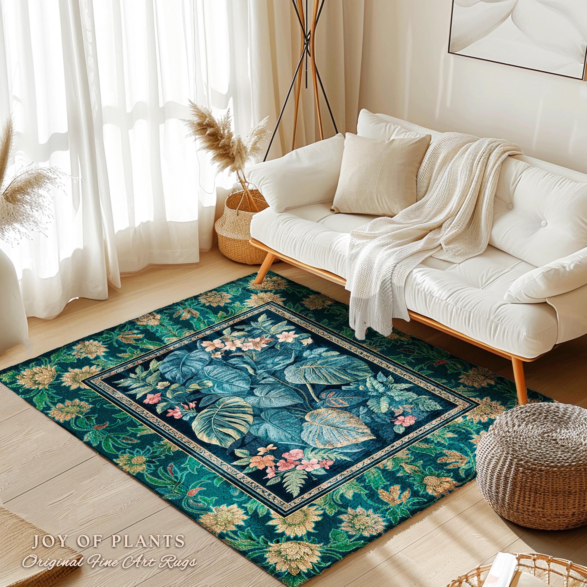 Mystic Foliage Maximalist Statement Rug | Whimsical Greenery Retro 90s Tropical Bedroom Area Rug Jungle Monstera Botanical Accent Rug Boho