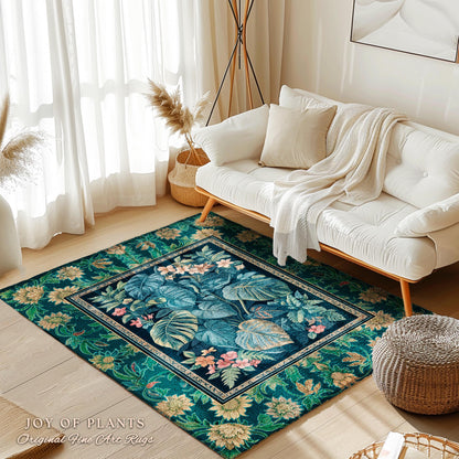 Mystic Foliage Maximalist Statement Rug | Whimsical Greenery Retro 90s Tropical Bedroom Area Rug Jungle Monstera Botanical Accent Rug Boho