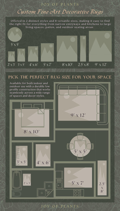 The image is a detailed guide to custom fine art decorative rugs, providing various rug sizes and styles for different living spaces, such as indoor and outdoor areas.