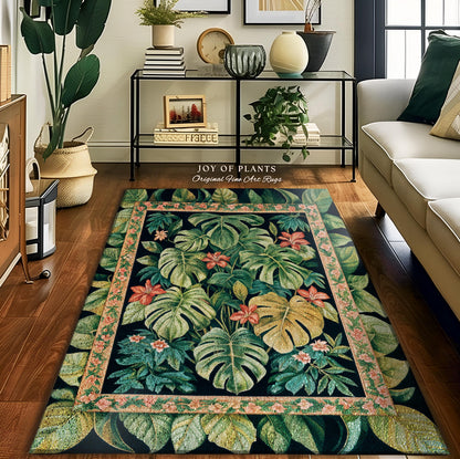 Pastel Greenery Monstera Area Rug | Floral Cottagecore Greenhouse Eclectic Botanical Maximalist Houseplant Lover Statement Rug Whimsical |