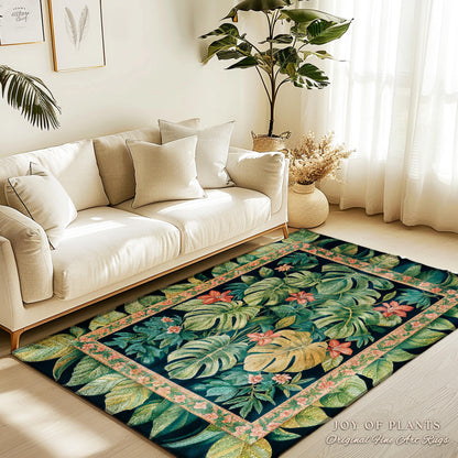 Pastel Greenery Monstera Area Rug | Floral Cottagecore Greenhouse Eclectic Botanical Maximalist Houseplant Lover Statement Rug Whimsical |