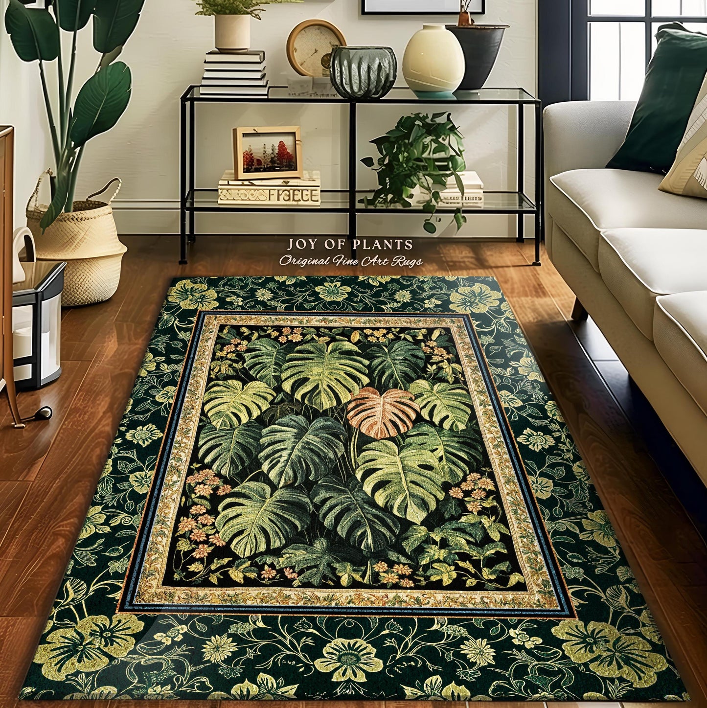 Ethereal Rainforest Greenery Rug | Tropical Jungle Theme Monstera Statement Rug Elegant Botanical Houseplant Aesthetic Emerald Green Bedroom