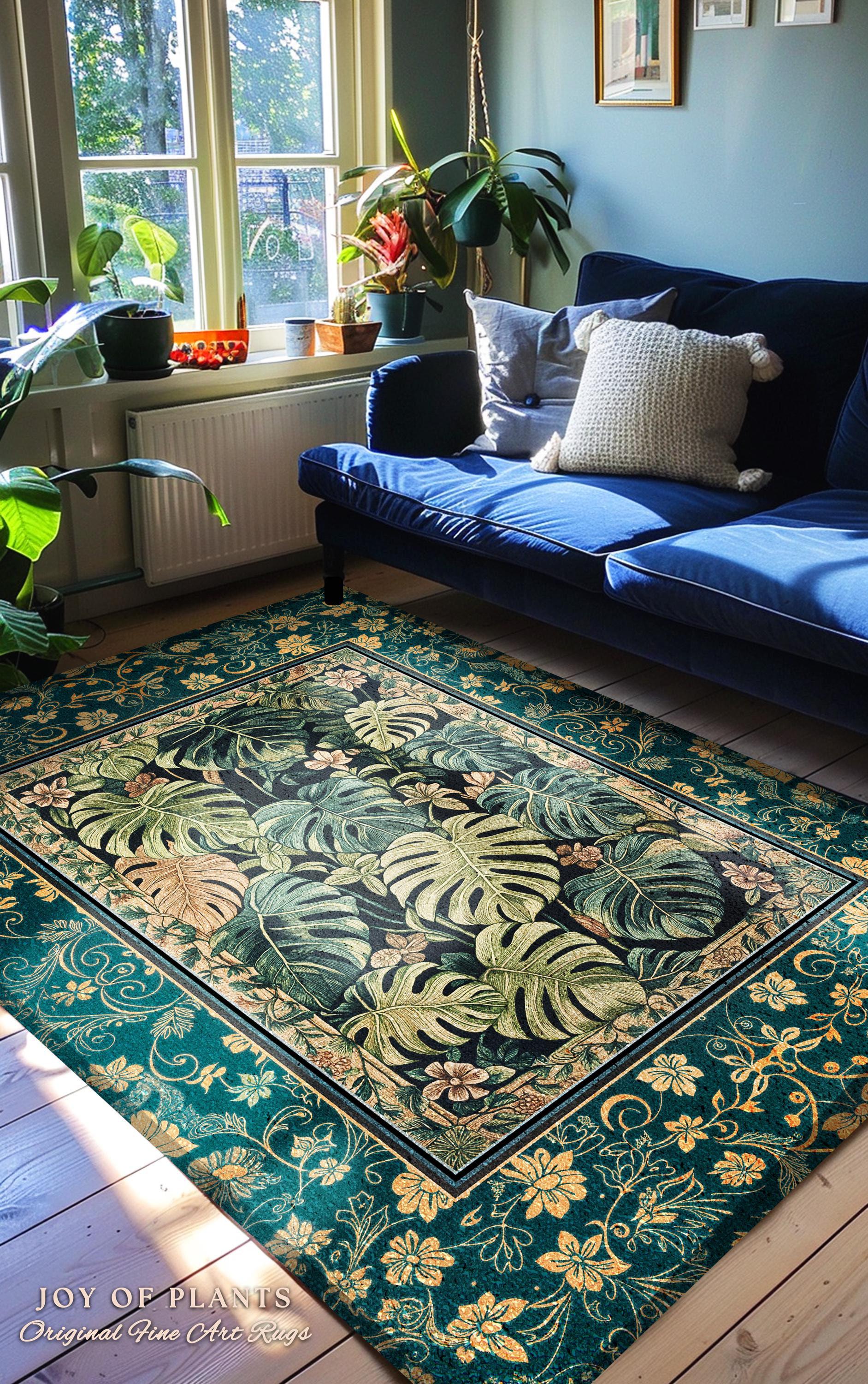 Nature Inspired Green Leaves Rug | Colorful Greenery Tropigoth Room Decor Whimsical Botanical Statement Rug Monstera Foliage Dark Tropical |