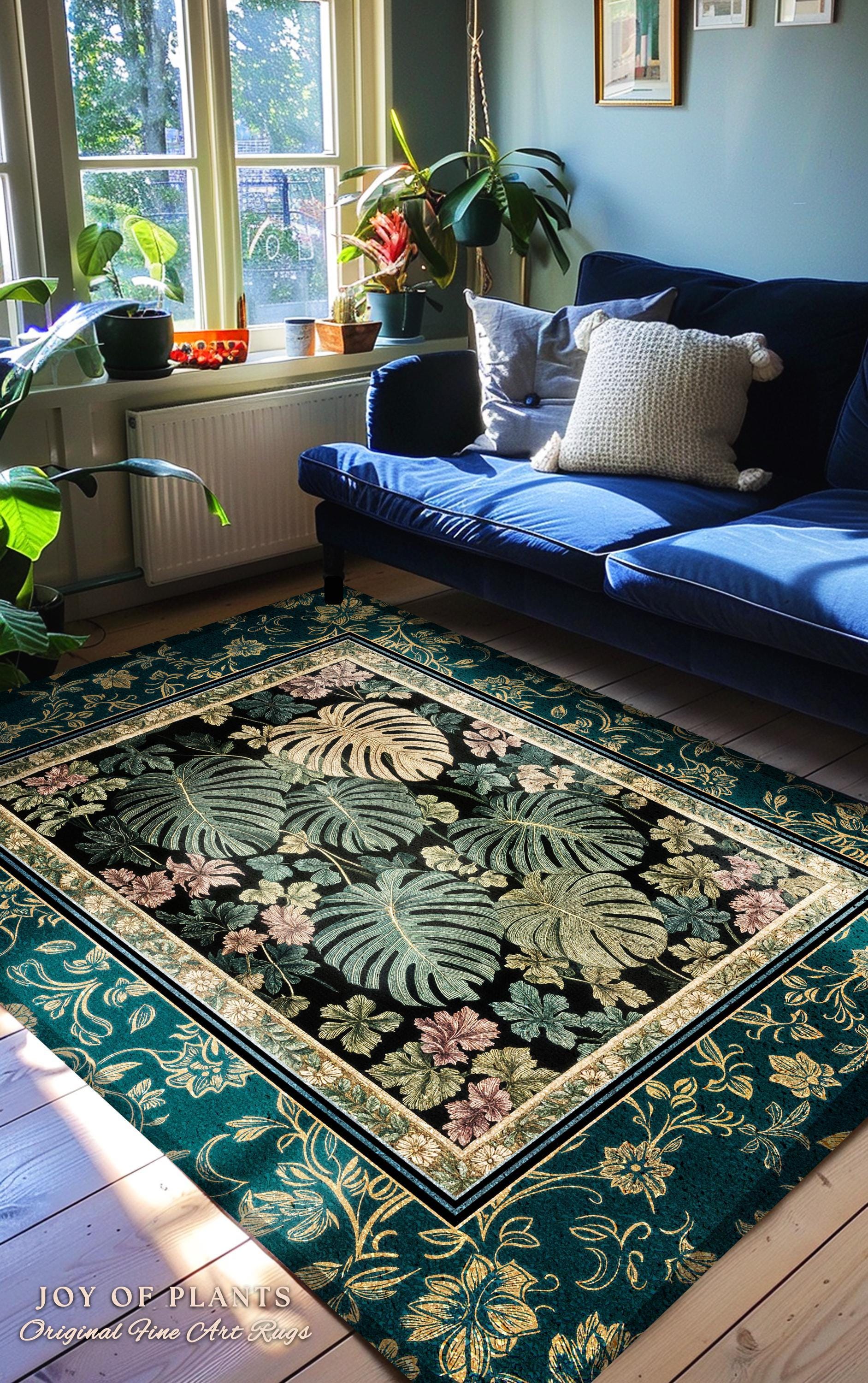 Earthy Botanical Boho Area Rug | Woodland Enchantment Tropical Statement Rug Maximalist Elegance Woodland Moody Classic Jungle Vibe Bedroom