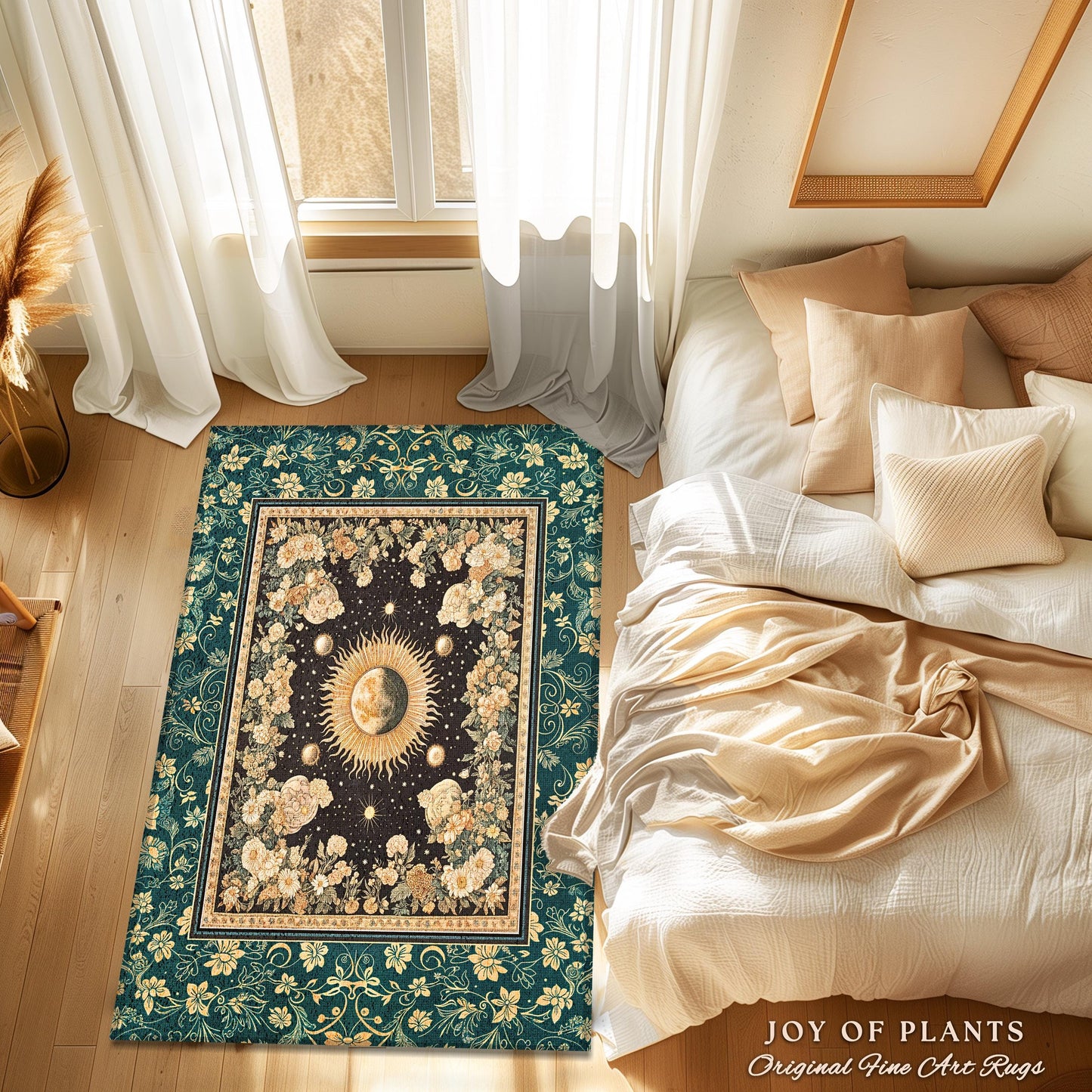 Sun and Moon Bohemian Accent Rug | Moody Skies Astrology Vintage Celestial Cozy Area Rug Astrology Tapestry Dark Cottagecore Boho Style |