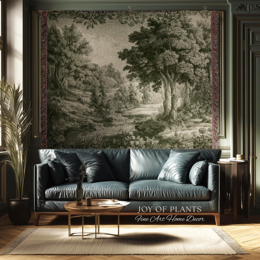 Mossy Passage Verdure Wall Tapestry | Pale Olive European Forest Woven Jacquard Throw Blanket Traditional Pastoral French Country Textile