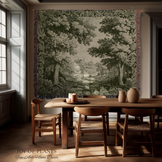 Country Clearing Aubusson Style Tapestry | European Manor Romantic Landscape Jacquard Woven Wall Textile Verdure Soft Pastoral Traditional