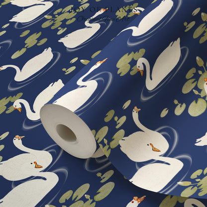 Storybook Cottage Swan Pattern Wallpaper | Navy Blue Bold High Contrast Statement Wall Nursery Decor Peel and Stick Lily Pad Marine Bedroom