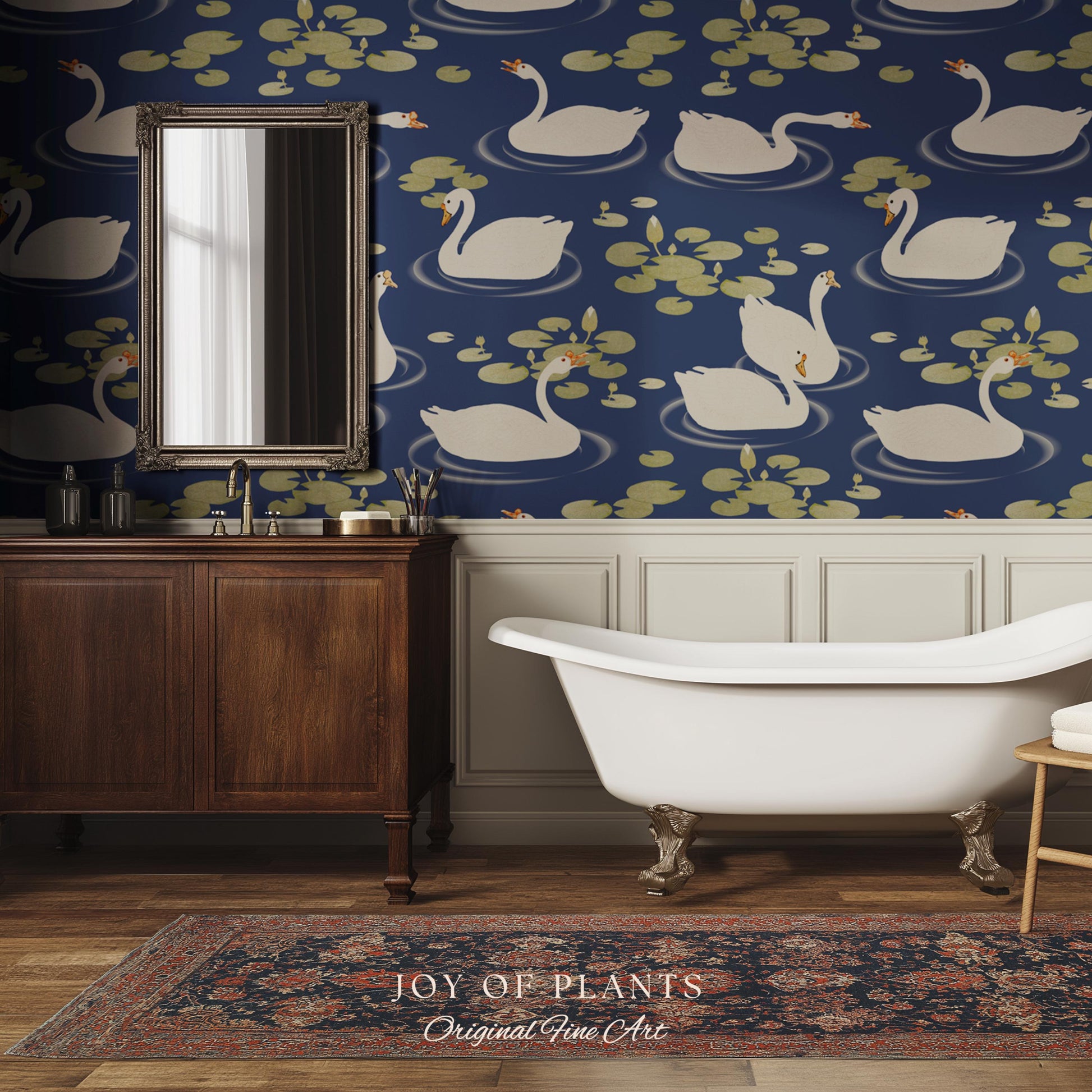 Storybook Cottage Swan Pattern Wallpaper | Navy Blue Bold High Contrast Statement Wall Nursery Decor Peel and Stick Lily Pad Marine Bedroom