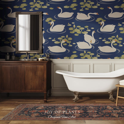 Storybook Cottage Swan Pattern Wallpaper | Navy Blue Bold High Contrast Statement Wall Nursery Decor Peel and Stick Lily Pad Marine Bedroom