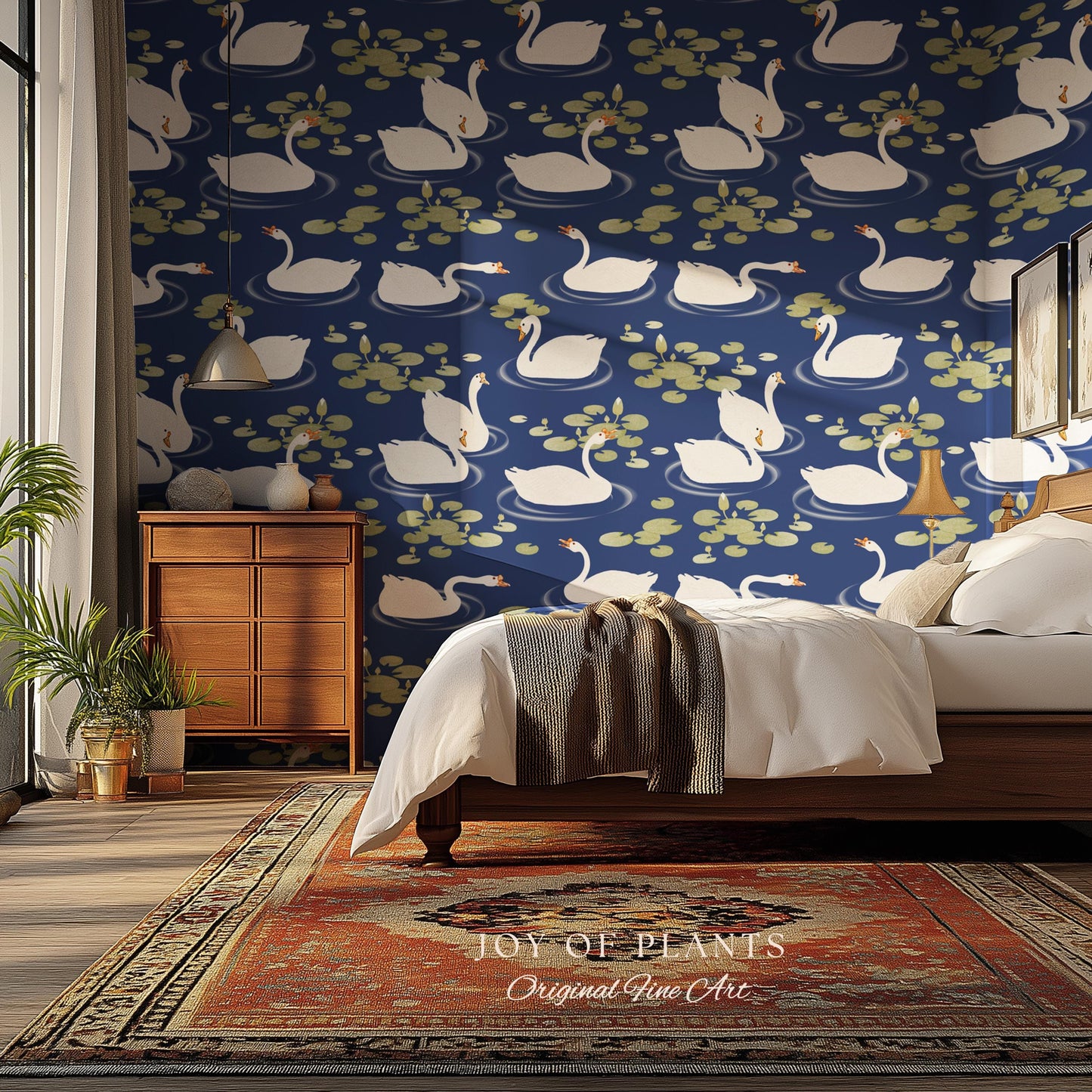 Storybook Cottage Swan Pattern Wallpaper | Navy Blue Bold High Contrast Statement Wall Nursery Decor Peel and Stick Lily Pad Marine Bedroom