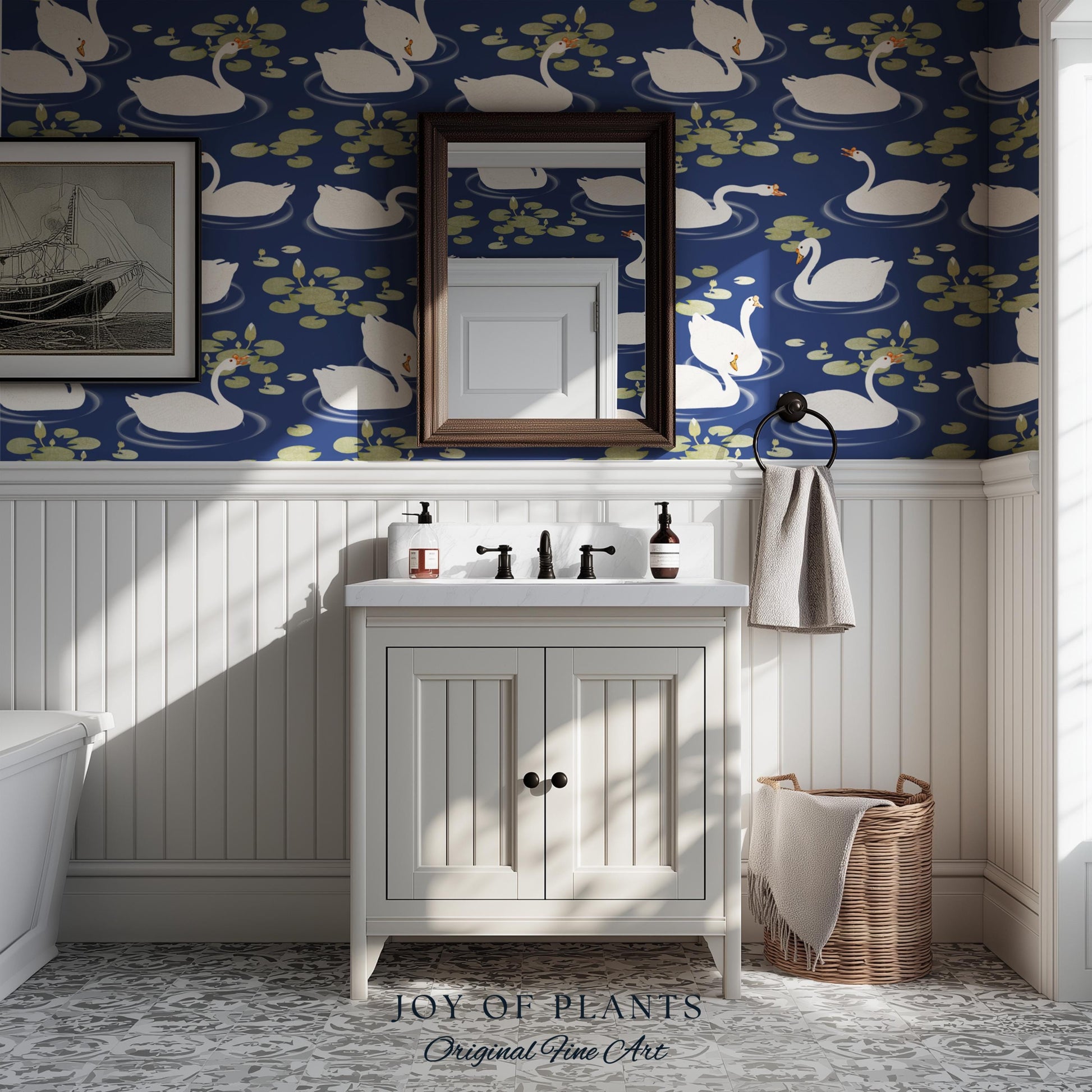 Storybook Cottage Swan Pattern Wallpaper | Navy Blue Bold High Contrast Statement Wall Nursery Decor Peel and Stick Lily Pad Marine Bedroom