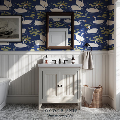 Storybook Cottage Swan Pattern Wallpaper | Navy Blue Bold High Contrast Statement Wall Nursery Decor Peel and Stick Lily Pad Marine Bedroom