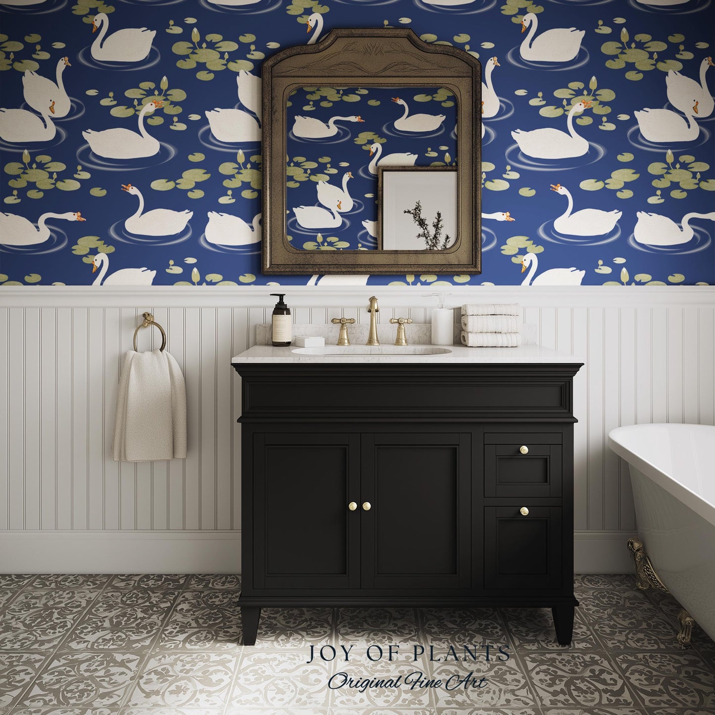 Storybook Cottage Swan Pattern Wallpaper | Navy Blue Bold High Contrast Statement Wall Nursery Decor Peel and Stick Lily Pad Marine Bedroom