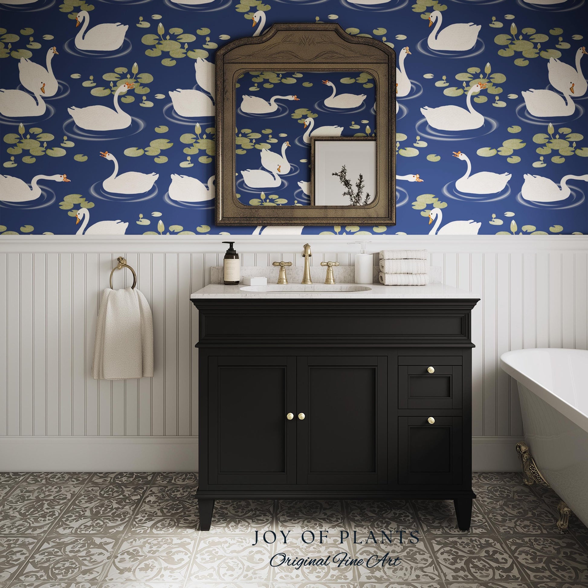 Storybook Cottage Swan Pattern Wallpaper | Navy Blue Bold High Contrast Statement Wall Nursery Decor Peel and Stick Lily Pad Marine Bedroom
