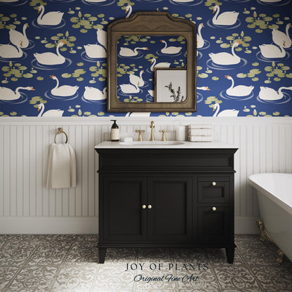 Storybook Cottage Swan Pattern Wallpaper | Navy Blue Bold High Contrast Statement Wall Nursery Decor Peel and Stick Lily Pad Marine Bedroom