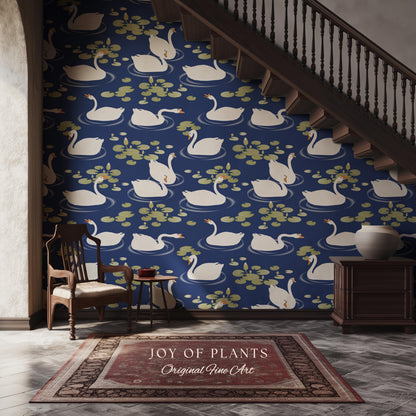 Storybook Cottage Swan Pattern Wallpaper | Navy Blue Bold High Contrast Statement Wall Nursery Decor Peel and Stick Lily Pad Marine Bedroom