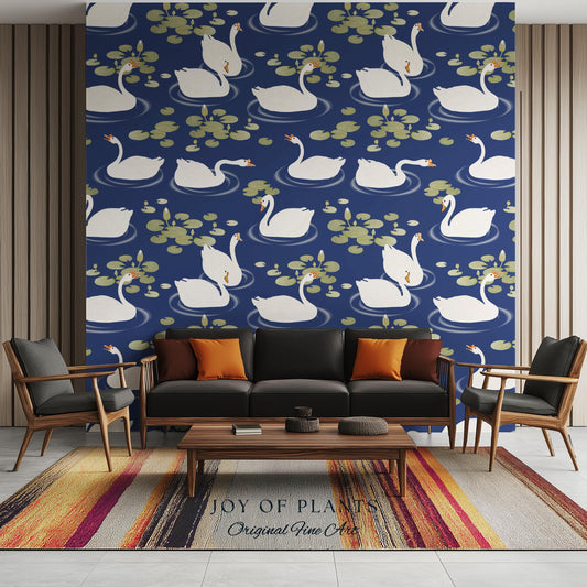 Storybook Cottage Swan Pattern Wallpaper | Navy Blue Bold High Contrast Statement Wall Nursery Decor Peel and Stick Lily Pad Marine Bedroom