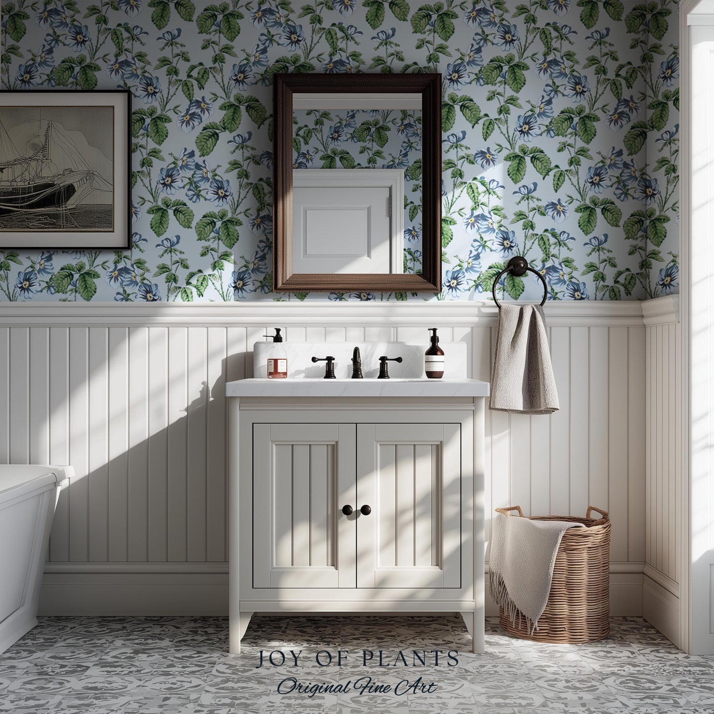Soft Blue Wildflower Pattern Wallpaper | English Garden Pastel Bathroom Peel and Stick Accent Wall Vintage Inspired Botanical Cottage