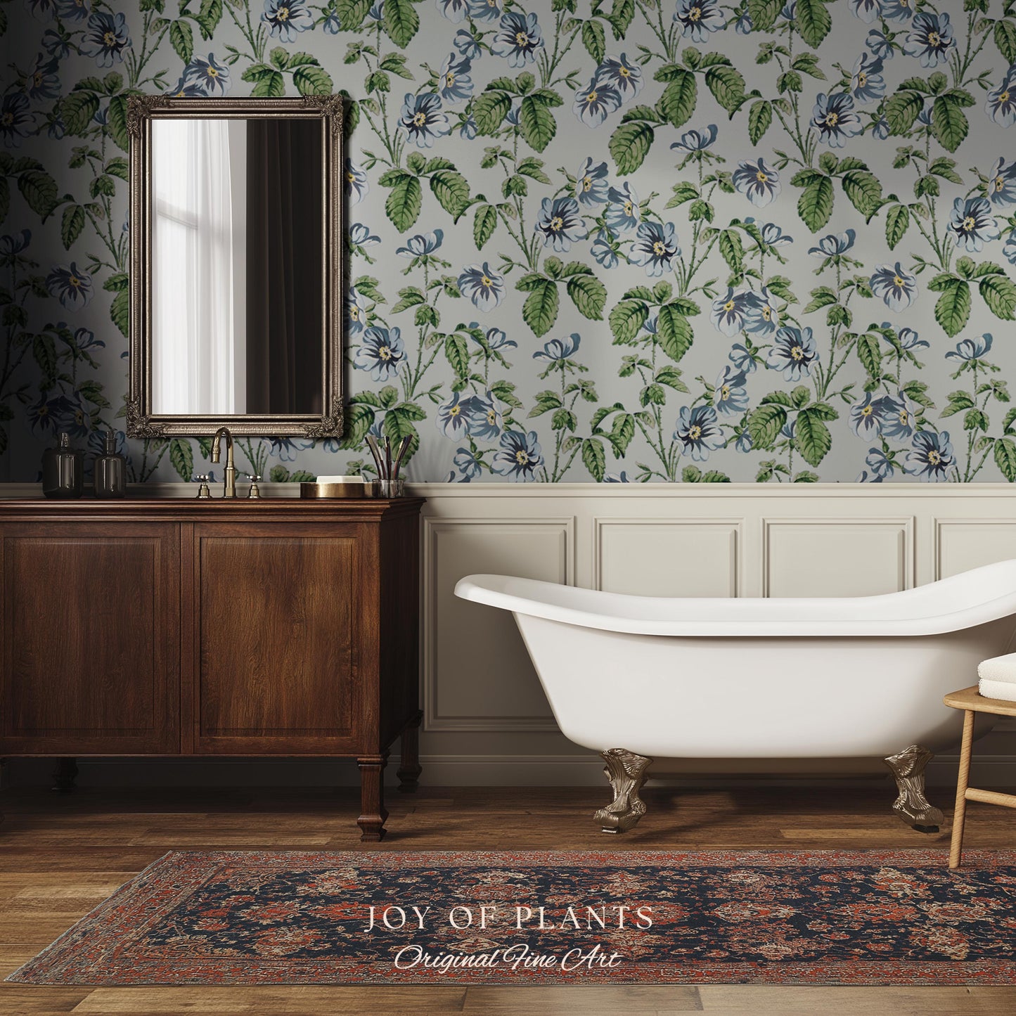 Soft Blue Wildflower Pattern Wallpaper | English Garden Pastel Bathroom Peel and Stick Accent Wall Vintage Inspired Botanical Cottage